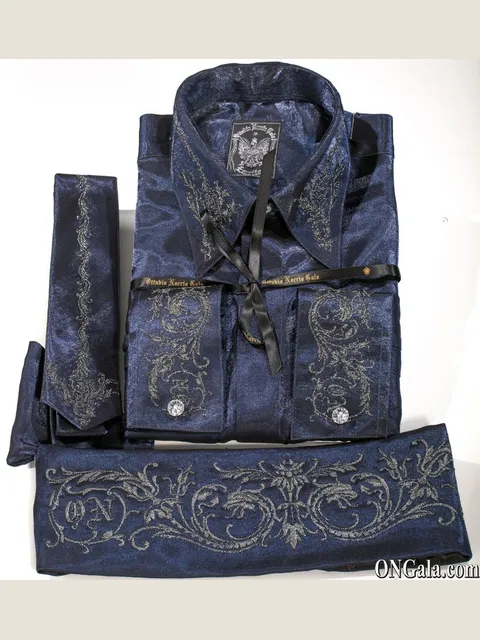 Blue Lurex Shirt, Tie and Cummerbund Set with Embroidery