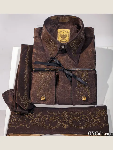 Brown Lurex Shirt, Tie and Cummerbund Set with Embroidery