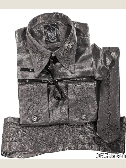 Shirt, Tie and Cummerbund in grey lurex fabric with embroidery