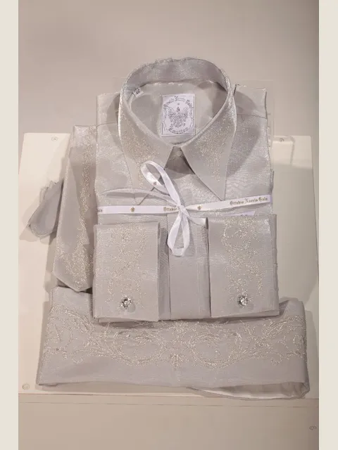 Shirt, Tie and Cummerbund in pearl grey lurex fabric with embroidery
