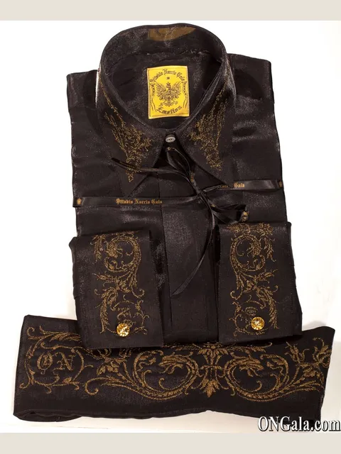 Black Lurex Shirt, Tie and Cummerbund Set with Embroidery