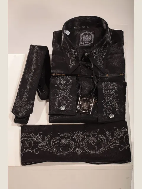 Black Lurex Shirt, Tie and Cummerbund Set with Embroidery