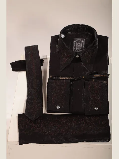 Black Lurex Shirt, Tie and Cummerbund Set with Embroidery