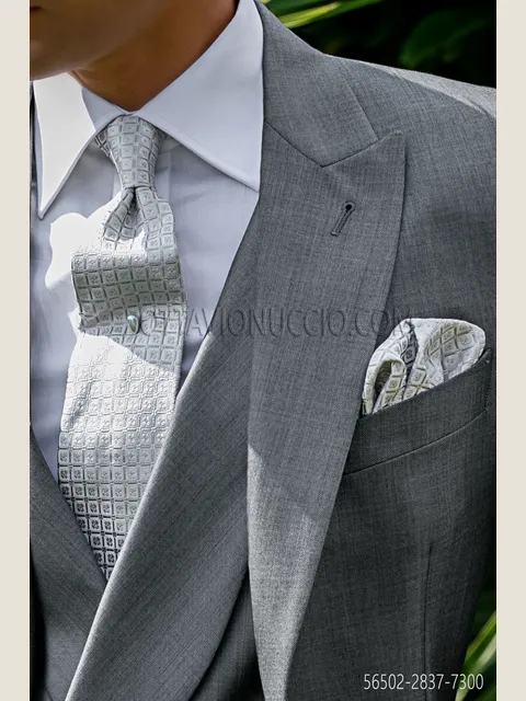 Tie and handkerchief in pearl grey silk with tonal patterns