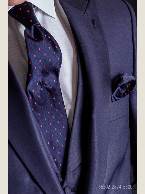 Tie and Handkerchief in blue silk with red polka dots