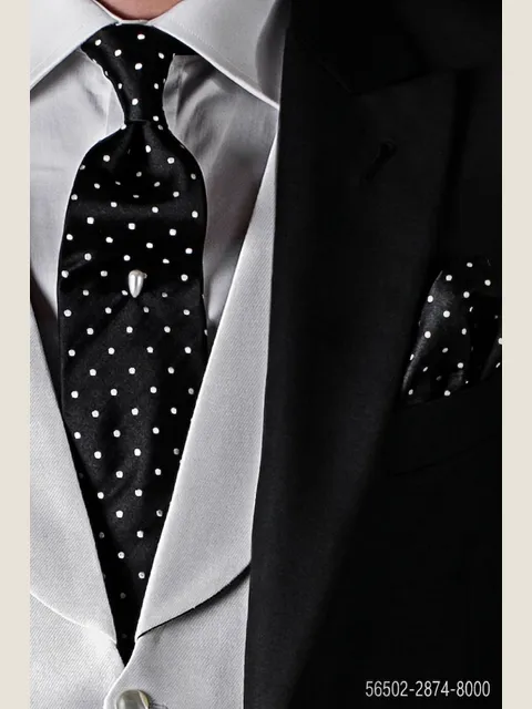 Tie and Handkerchief in black silk with white polka dots