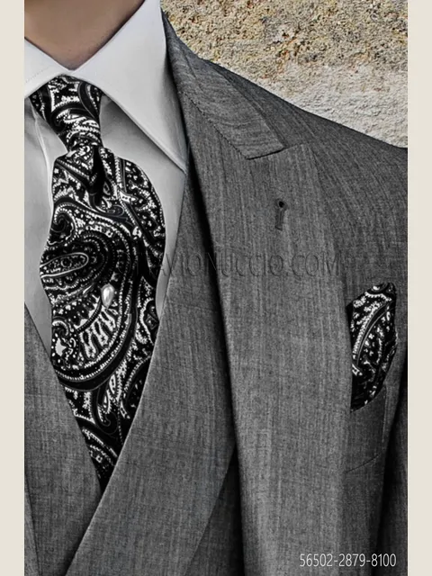 Black and white Jacquard silk tie and handkerchief
