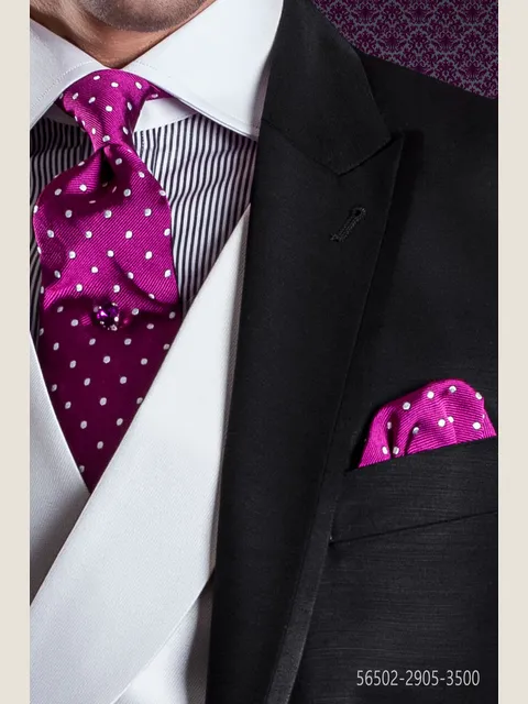Tie and Handkerchief in fuchsia silk with white polka dots