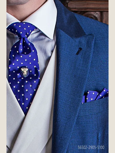 Tie and Handkerchief in royal blue silk with white polka dots