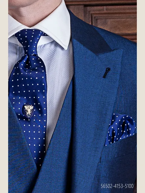 Royal blue tie with white polka dots and handkerchief
