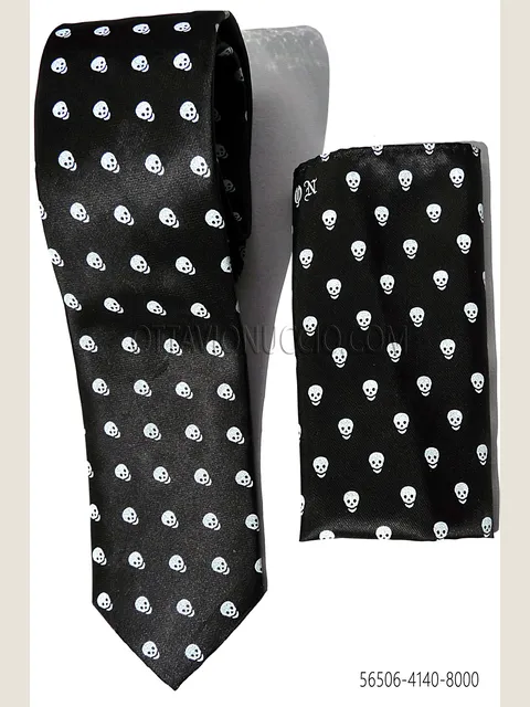 Slim tie and Handkerchief with black background and white skull print