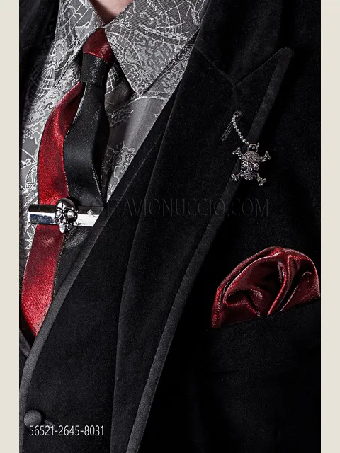 Two-tone slim tie in black and red lurex with handkerchief