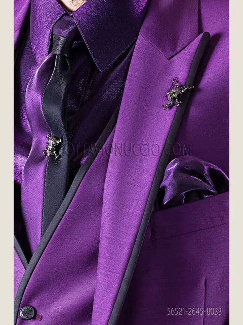 Two-tone slim tie in black and purple lurex with handkerchief