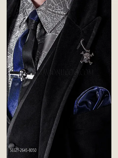 Two-tone slim tie in black and blue lurex with handkerchief