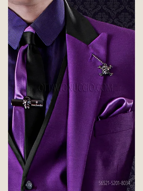 Two-tone black and purple slim tie in satin with handkerchief