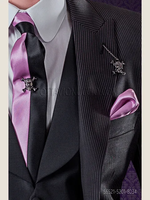 Two-tone black and pink slim tie in satin with handkerchief