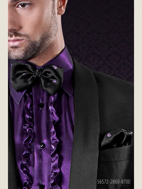 Bow tie and Handkerchief in black silk with purple skulls
