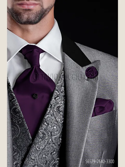 Self-tie cravat and handkerchief in dark purple satin