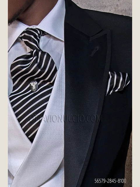 Self-tie cravat and handkerchief in black and grey striped silk
