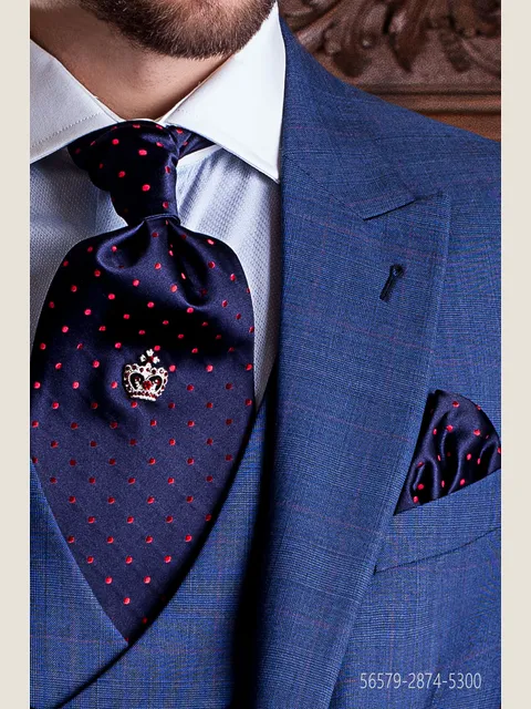 Blue silk cravat and handkerchief with red polka dot