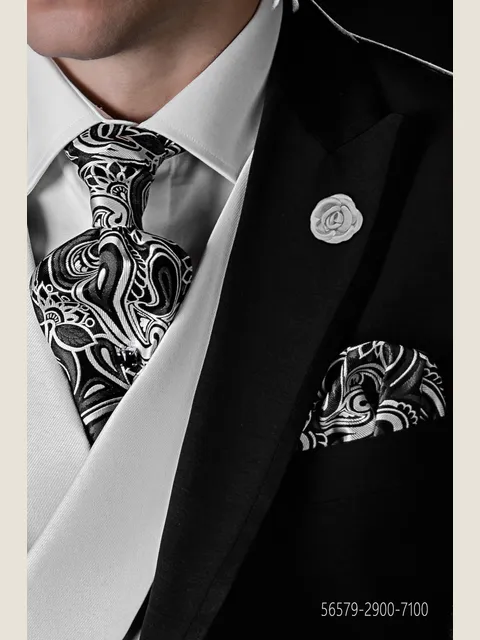 Self-tie cravat and Handkerchief in silk with black background