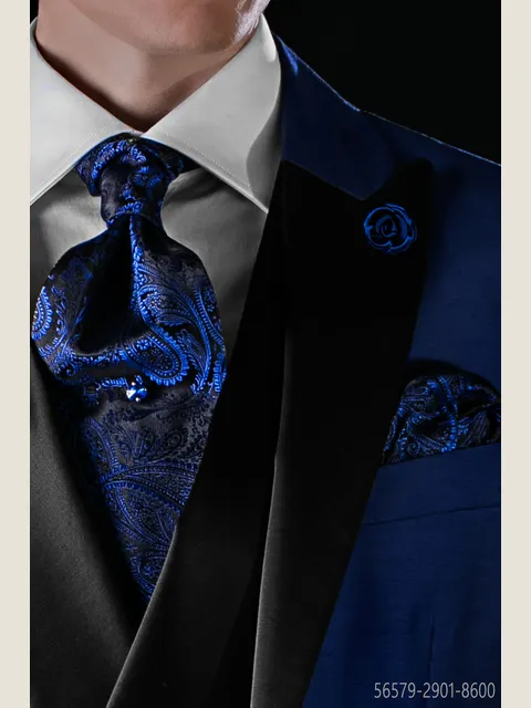 Cravat and handkerchief with black and blue Paisley pattern