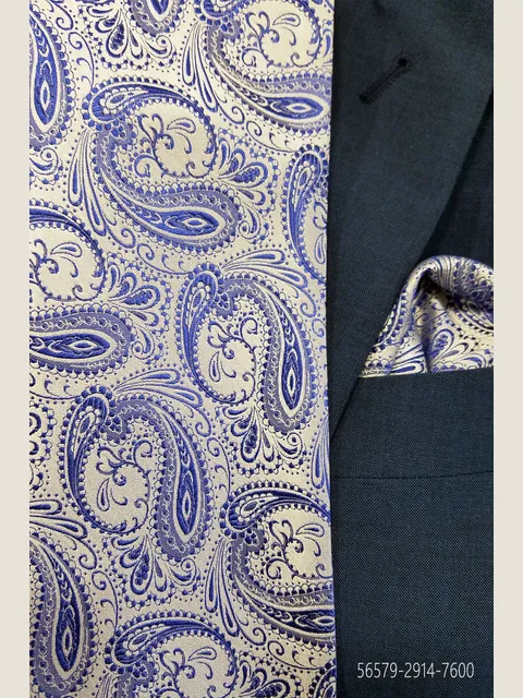 Cravat and Handkerchief in pearl grey paisley silk with royal blue