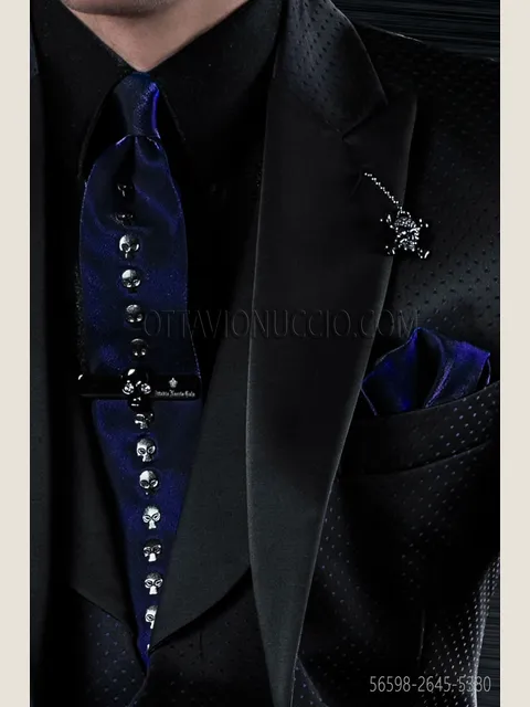 Royal blue lurex tie and handkerchief with skulls