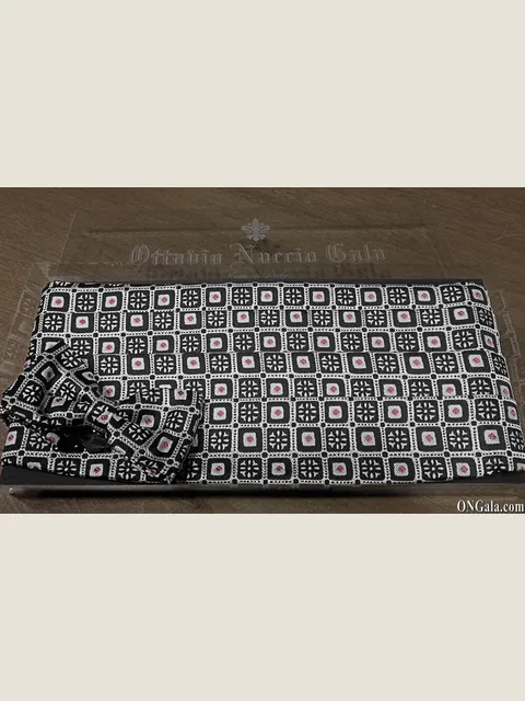 Cummerbund and Bow tie in black silk with pink patterns