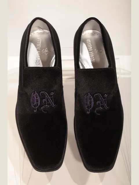 Black velvet slippers with black and purple embroidery