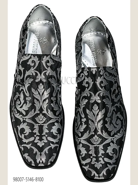 Slipper in black-silver damask fabric