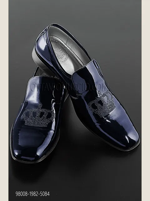 Blue slipper with black-silver crown embroidery