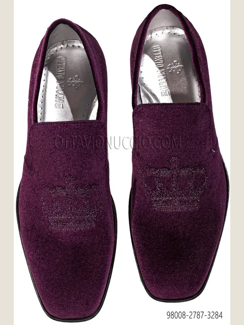 Slipper in burgundy velvet with black-silver crown embroidery