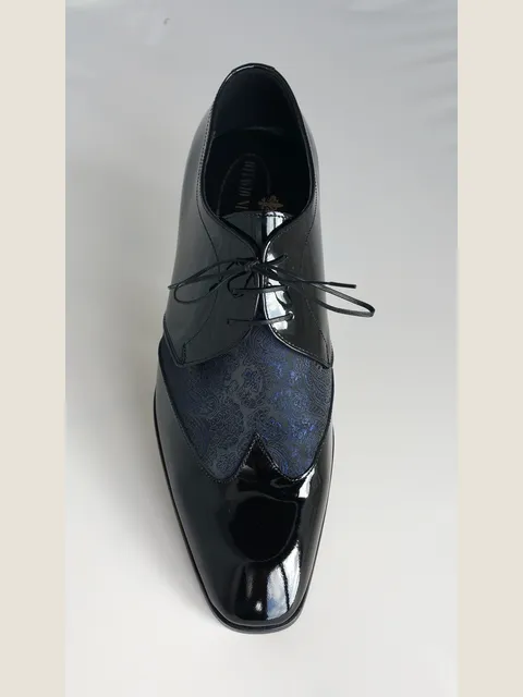 Two-tone lace-up shoe in black-blue damask