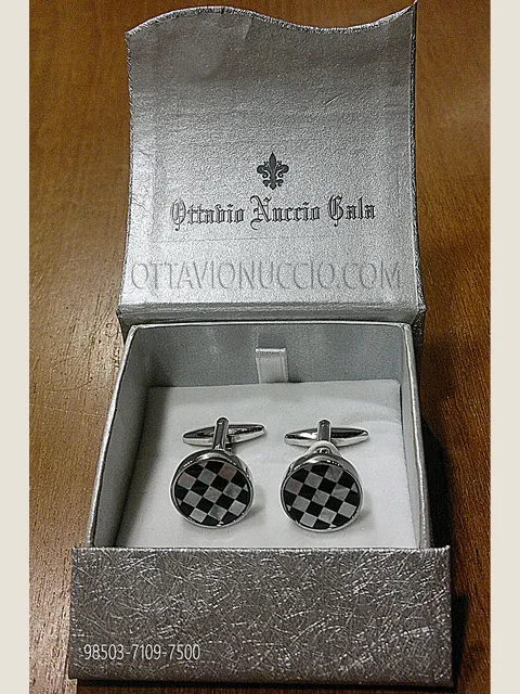 Round Cufflinks with Enamel Check Detail