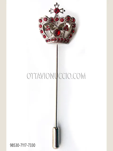 Silver tone crown tie pin with red rhinestones