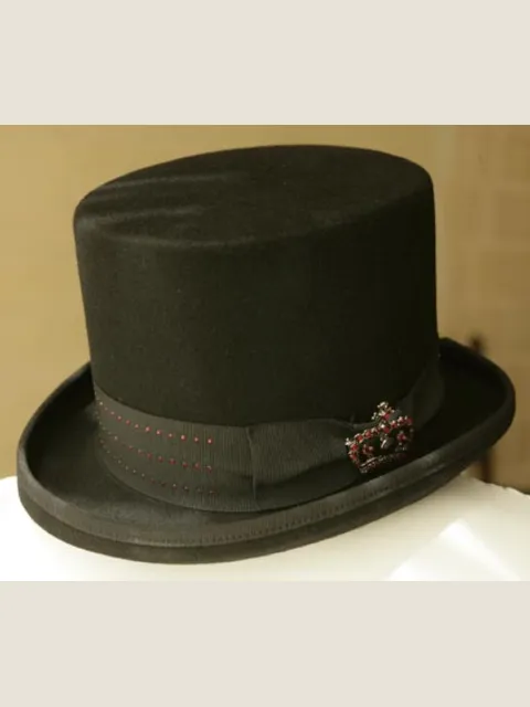 Top hat in black felt and red rhinestones on grosgrain