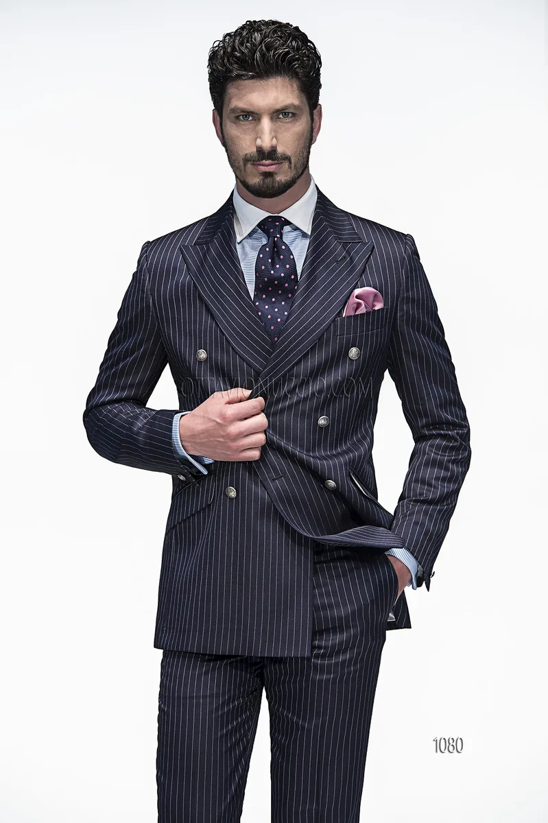 Double-breasted groom suit in blue pinstripe wool blend 1