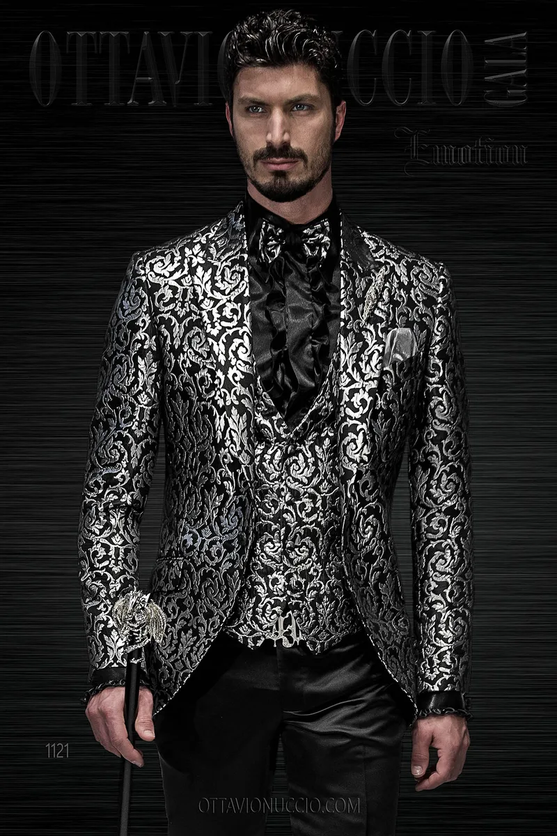 Hochzeitsanzug mit Damast-Sakko in Schwarz und Silber 1