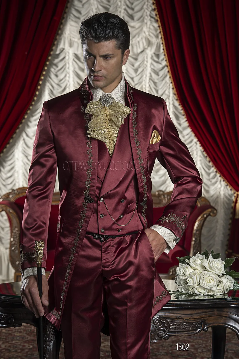 Men's barocco groom suit in red satin with black and gold embroidery 1
