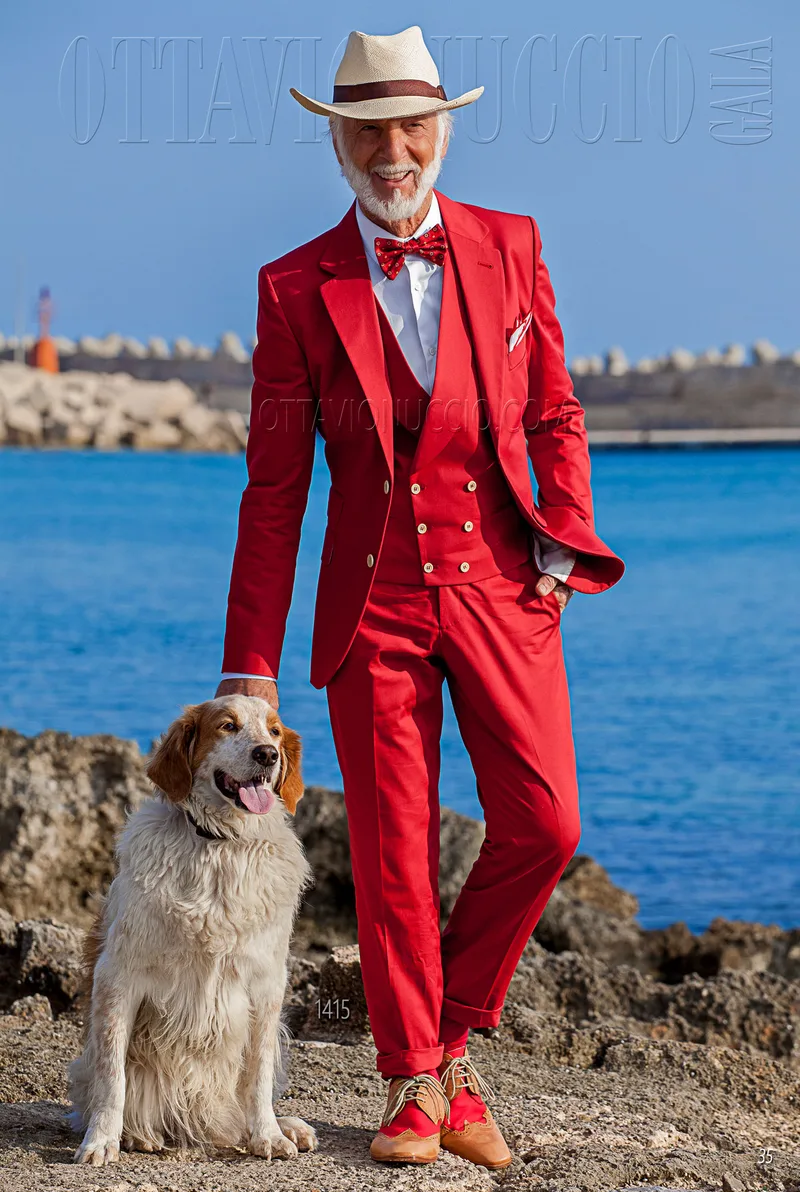 Costume pour homme en coton rouge avec gilet croisé assorti 1