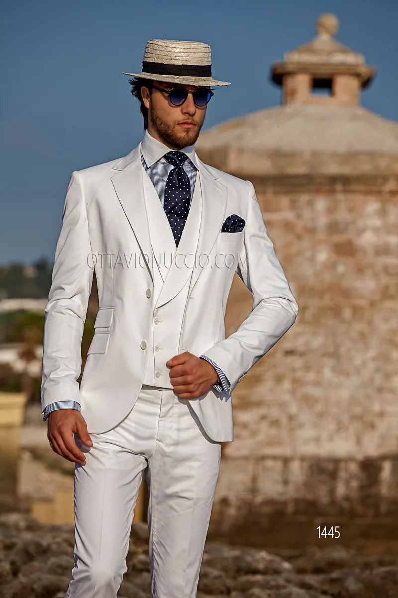 Costume pour homme en coton blanc style hipster avec gilet croisé 1
