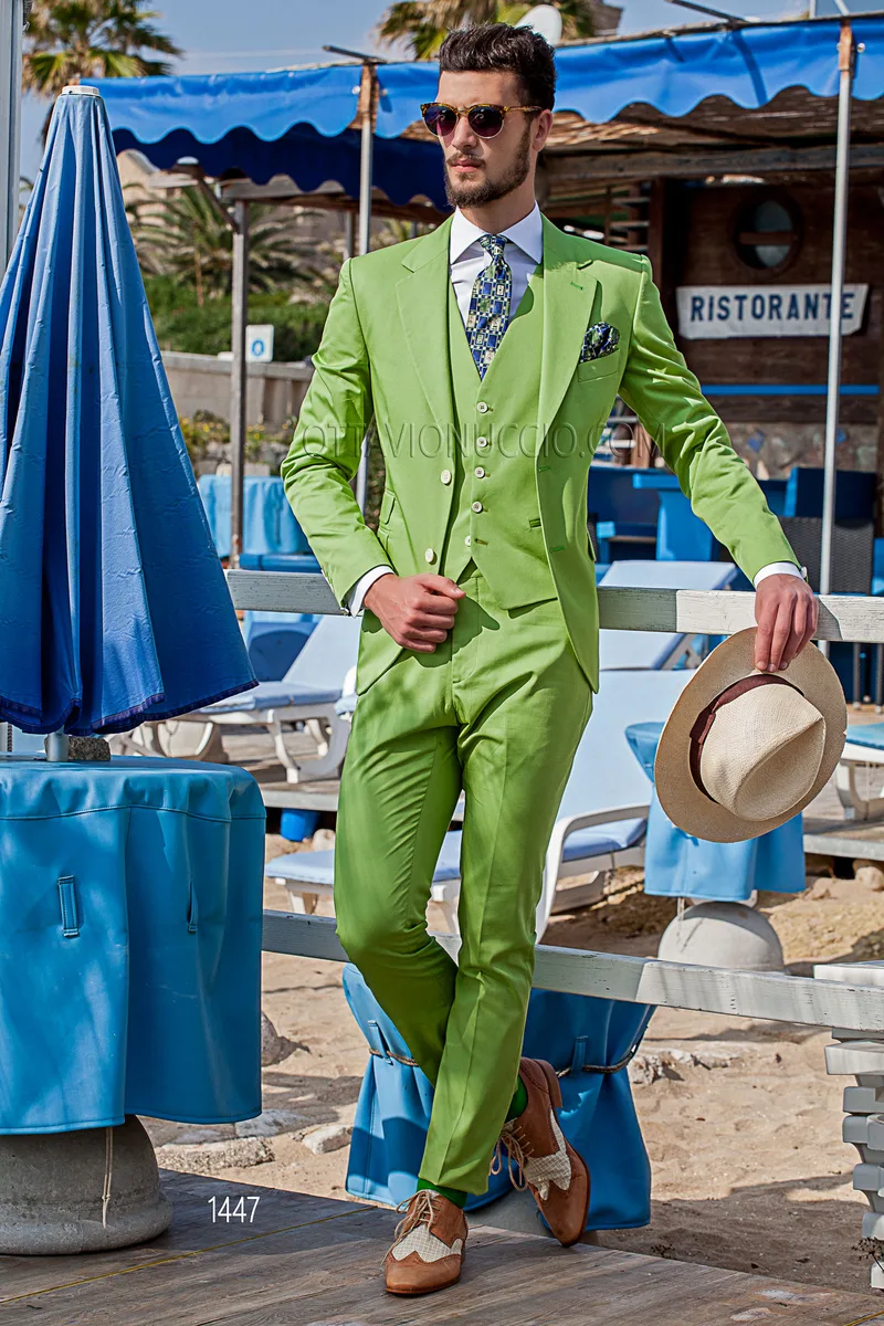 Men's hipster style suit in light green cotton with waistcoat 1