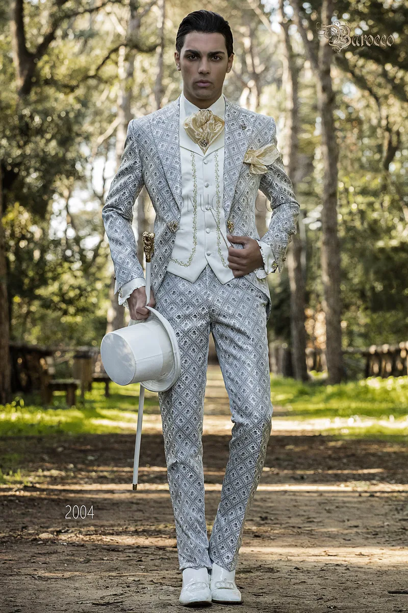 Traje estilo barroco de novio, brocado gris 1