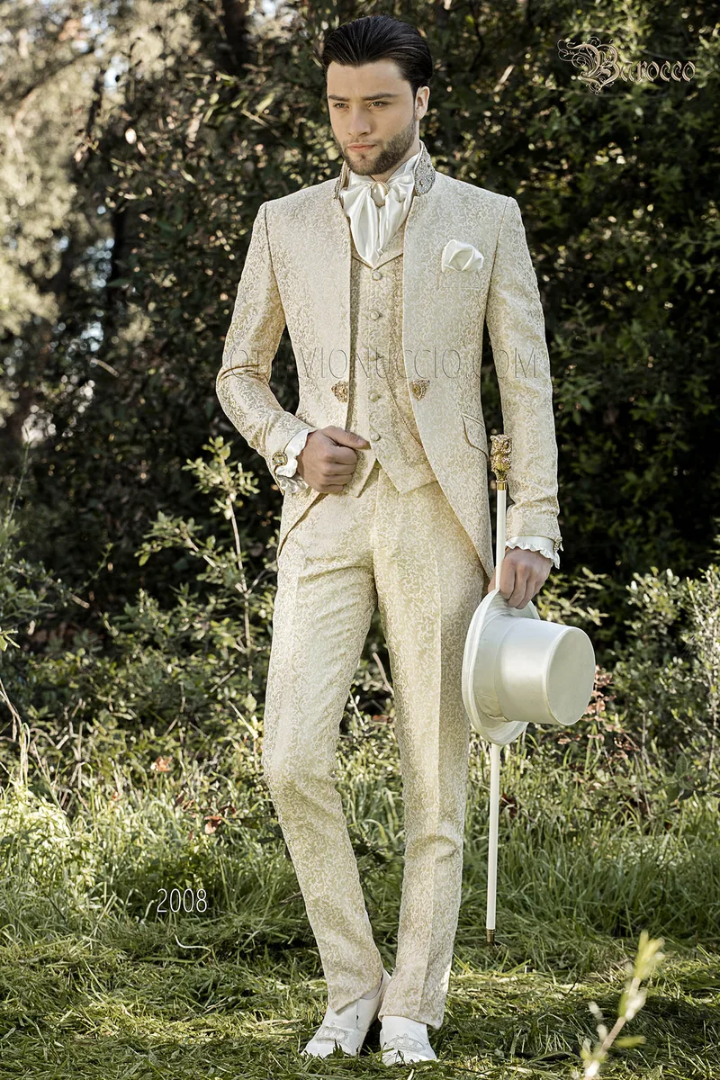 Men's mandarin collar suit in beige damask baroque style 1