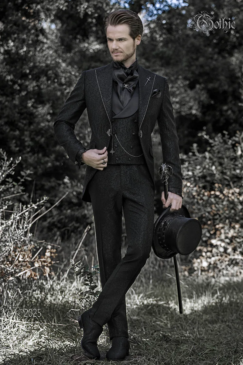 Gothic groom suit in black damask with crystal rhinestones on lapels 1