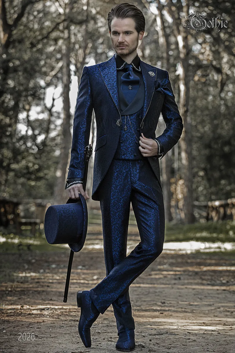 Groom suit in blue damask luxury gothic style 1