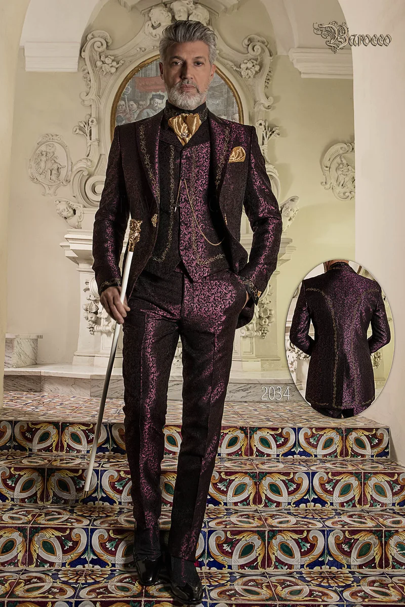 Baroque groom suit in plum damask with gold embroidery 1