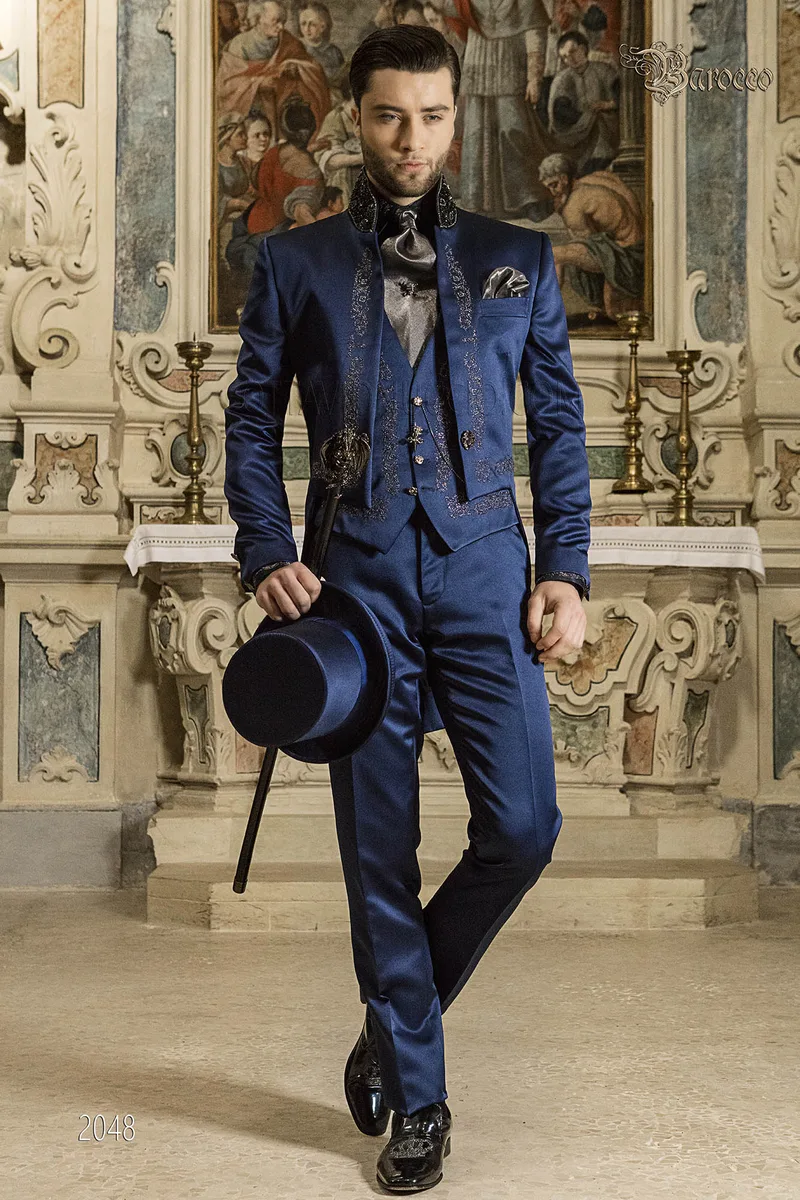 Groom tailcoat in blue baroque satin embroidered black-silver 1