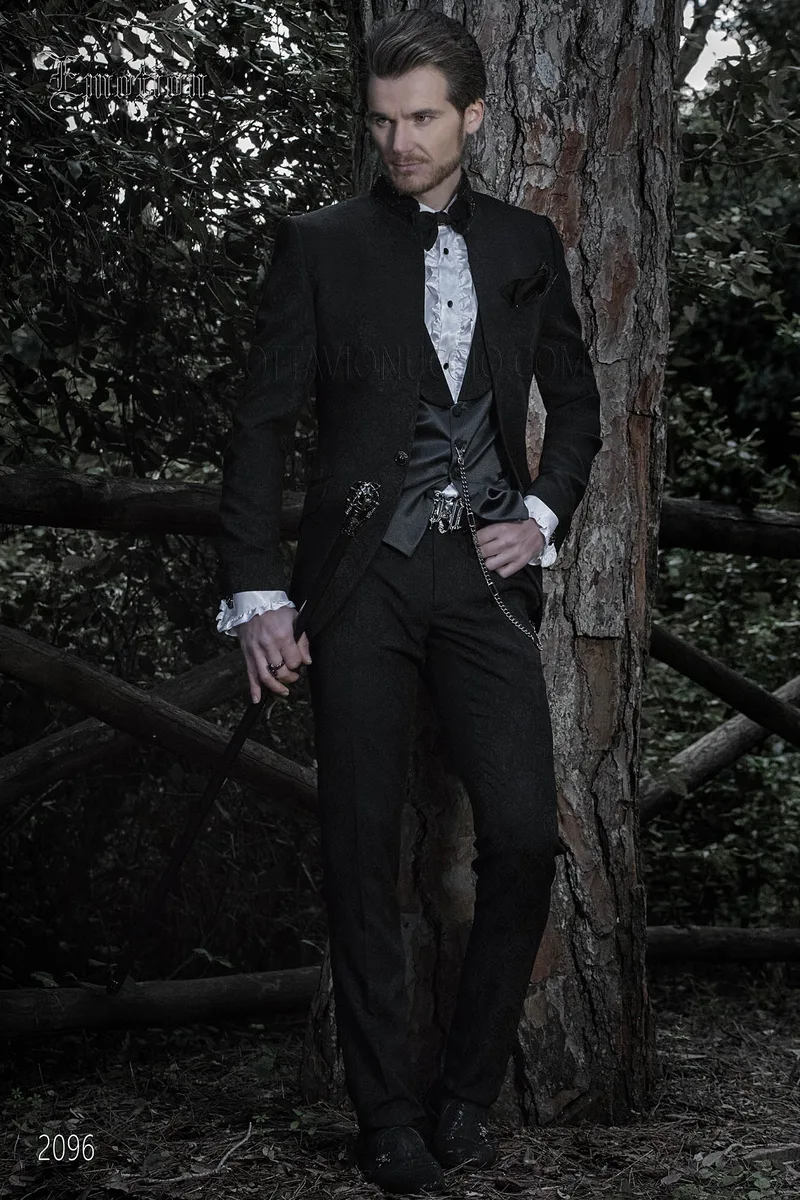 Men's formal suit with mandarin collar in black damask 1